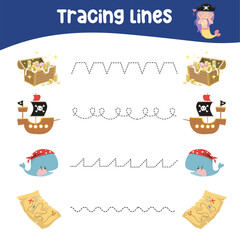 Tracing horizontal lines activity with cute pirate theme. Tracing worksheet for kids practising the motoric skills. Educational printable worksheet. Vector illustration.