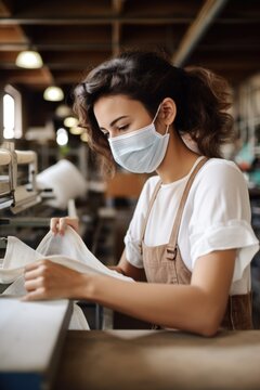 Shot Of A Young Woman Wearing A Face Mask While Working In Her Textile Factory