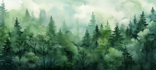 Watercolor painting of green forest woods trees, hand drawn fir and spruce trees, landscape .background illustration