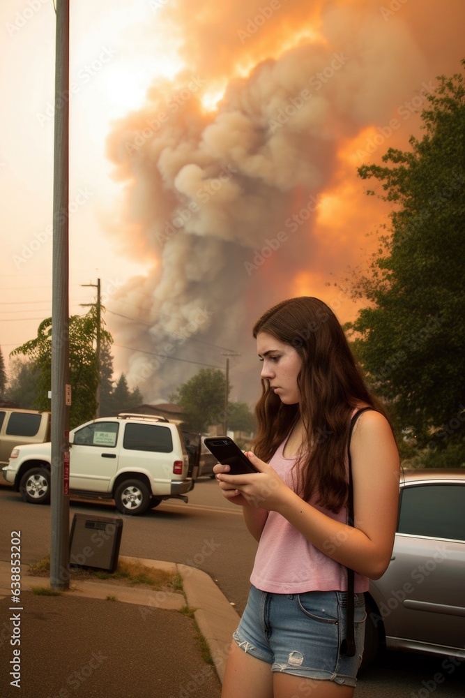 Wall mural a young woman texting on her cellphone as wildfires engulf a city