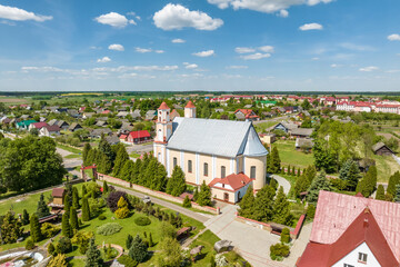aerial view on neo gothic or baroque temple or catholic church in countryside