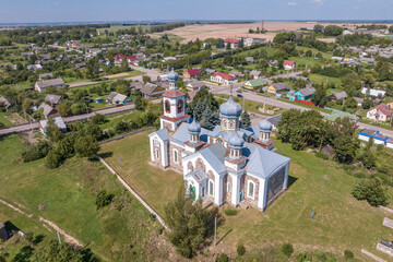 aerial view over othodox church in countryside