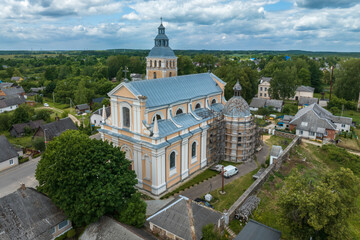 Fototapeta na wymiar aerial view on neo gothic or baroque temple or catholic church in countryside
