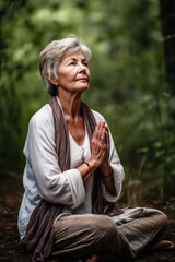 Obraz premium shot of a senior woman meditating under a tree in the forest