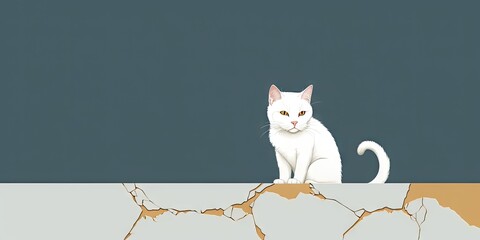 Whiskered Wonders Stitched with Gold Background - A Cat's Charm Expressed through the Minimalistic Craft of Kintsugi - Cat Kintsugi Illustration created with Generative AI Technology