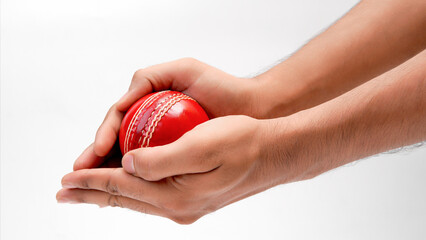 A Man Hands Taking The Catch Of A Red Leather Test Cricket Ball Closeup Picture White Background