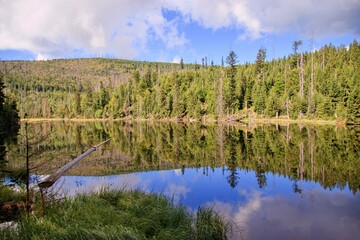 Stunning lookout to the Laka lake in mountains at National Park Sumava, Czech republic