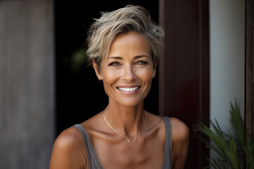 AI generated image of tanned happy attractive female