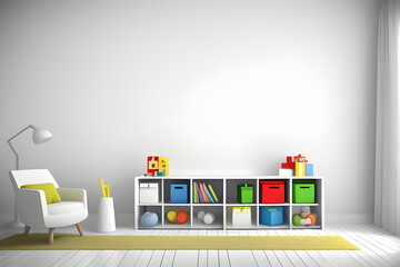 Wall mock up in children's room on white wall background. 3d renders