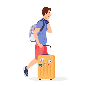Tourist with a suitcase and a backpack hurry trying to get his flight or train. Flat vector illustration isolated on white background