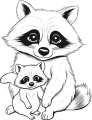Coloring page. Mother raccoon stands with her little cute baby raccoon and smiles