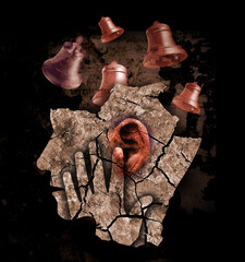 Man with red cracked ear and head, with ringing bells symbolizing tinnitus and ear problems. 
Male head stylized profile. Photomontage with dry cracked earth. Concept symbolizing ear illness, depressi