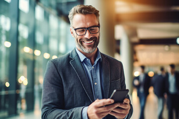 Confident businessman in a suit and glasses stands in the office. Face portrait of ambitious corporate business manager. Generative AI