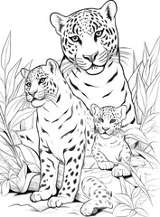 Coloring pages. Mother jaguar with her little cute cubs