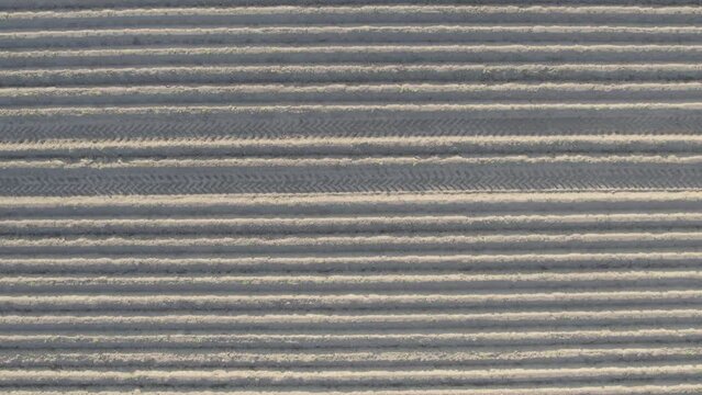 Drone flight above a cultivated Plowed Land Field in slow motion, top down view showing the parallel and converging lines in the sand with the play of the shadows. High quality 4k footage