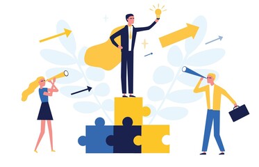 Business concept. Team. Virtual business assistant.  Flat illustration. Teamwork  on performance, brainstorming, collaboration, partnership. Businessmen working together and moving towards success.