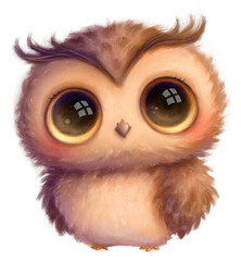 Illustration of a cute cartoon baby owl. Cute animals. Little animals. Transparent background, PNG