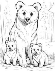 Coloring pages. Wild animals. Kind bear looks at little cute baby bears