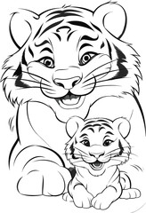 Coloring pages. Wild animals. Smiling mother tiger with her little cute baby tiger