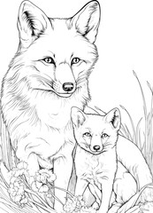 Coloring pages. Wild animals. Mother fox with her little cute baby