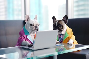 Two French Bulldogs in a meeting in the office.