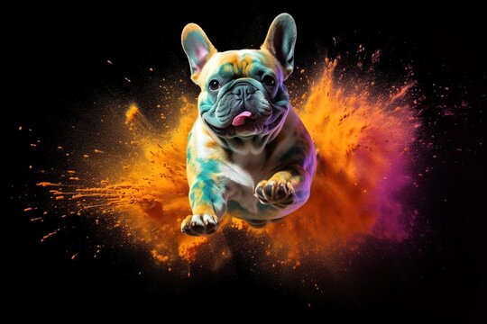 A French Bulldog jumps amidst an explosion of vibrant colors.