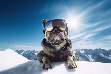 French Bulldog skiing on a sunny day dressed in a jacket and wearing ski goggles