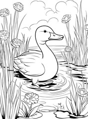 Cute duck runs from the pond. There are tree, flowers and reeds around. Summer