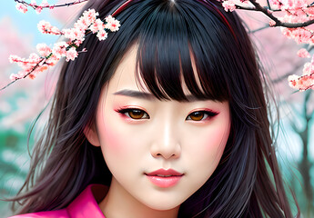 Fototapeta premium portrait of a woman with pink flowers,Generative AI