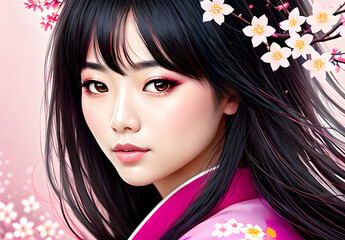 Fototapeta premium portrait of a woman with pink flowers,Generative AI