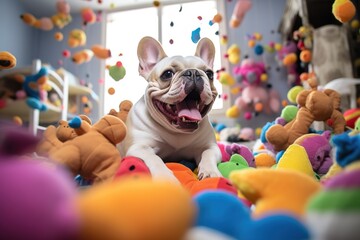 Playful Frenchie bulldog in the room full of toys - obrazy, fototapety, plakaty