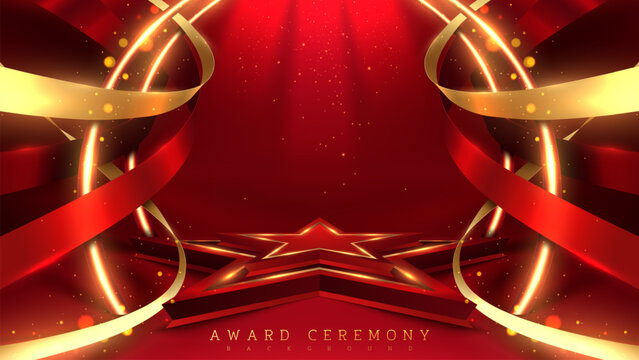 Red star shape podium with gold ribbon elements and glitter light effects decorations and bokeh. Luxury award ceremony background. Vector illustration.