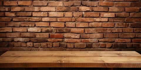 Minimalist elegance. Empty room with wood and brick accents. Vintage Old wooden table and bricks...