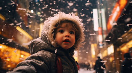 Fototapeta na wymiar photo of a kid playing , snow filling the air at Shibuya Tokyo, ai generated.