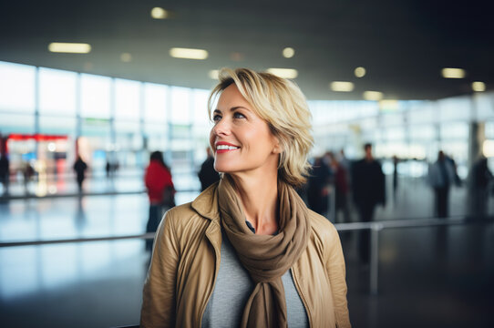 AI generated image of mature female on airport terminal