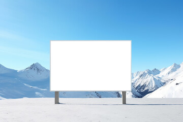 design mockup: blank white billboard at the snowy mountains