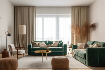 A sleek living room interior, a comfortable and minimalist atmosphere with a green velvet sofa and light shining from the windows.