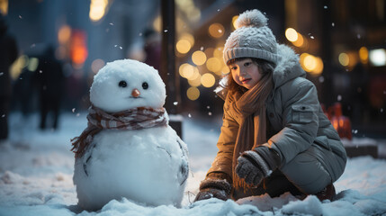 Fototapeta na wymiar snowman sitting with a girl, snow filling the air at Shibuya Tokyo, ai generated.