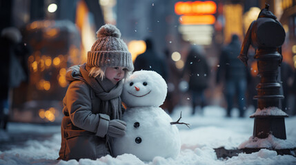 snowman sitting  with a girl, snow filling the air at Shibuya Tokyo, ai generated. - obrazy, fototapety, plakaty