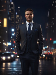 Fototapeta premium businessman in a city street, dark night