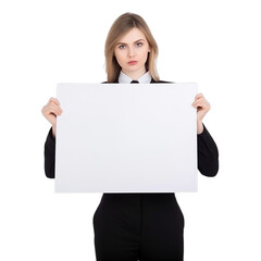 Fototapeta premium Blond women holding placard, white board, cardboard for text, copy space isolated on transparent background.