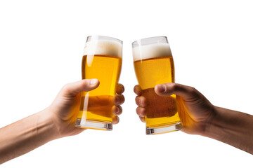 Side view of Man hands holding beer glass, toast isolated on transparent background.