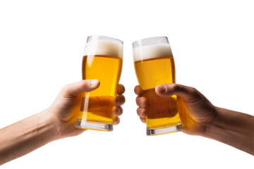 Side view of Man hands holding beer glass, toast isolated on transparent background.