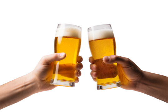 Side view of Man hands holding beer glass, toast isolated on transparent background.