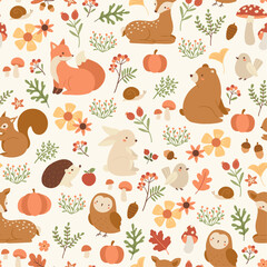 Vector seamless fall pattern with forest animals and plants
