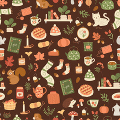 Vector seamless pattern with autumn objects and animals