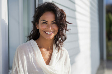 Smiling brunette woman in her 30's standing in front of a white weatherboard house.
