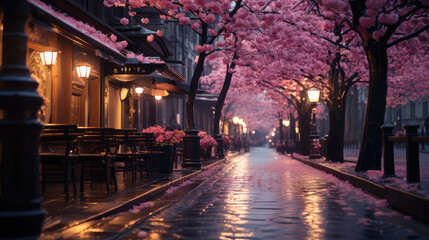 Blossoming Cherry Tree scene of delicate pink at Shibuya Tokyo ai generated - obrazy, fototapety, plakaty