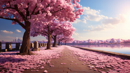 Blossoming Cherry Tree Avenue: A captivating avenue lined with blooming cherry trees, ai generated. - obrazy, fototapety, plakaty