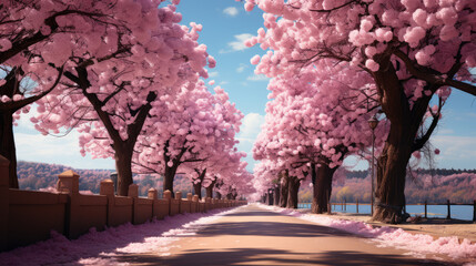 Naklejka premium Blossoming Cherry Tree Avenue: A captivating avenue lined with blooming cherry trees, ai generated.